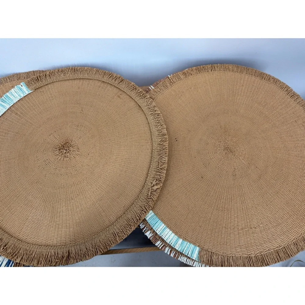 Set of 8 Round Woven Raffia Placemats Boho Fringed Edge Colorful Accents Tan